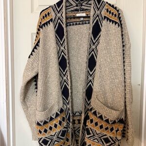 Lucky Brand Beige and Navy Geometric Cardigan cozy and warm